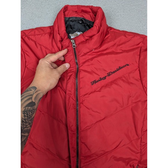 Harley Davidson Jacket Womens Tall Large Red Down Puffer Zip Riding Coat - Picture 4 of 13